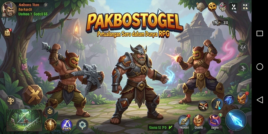 Screenshot utama PAKBOSTOGEL menampilkan pertempuran seru dalam RPG.